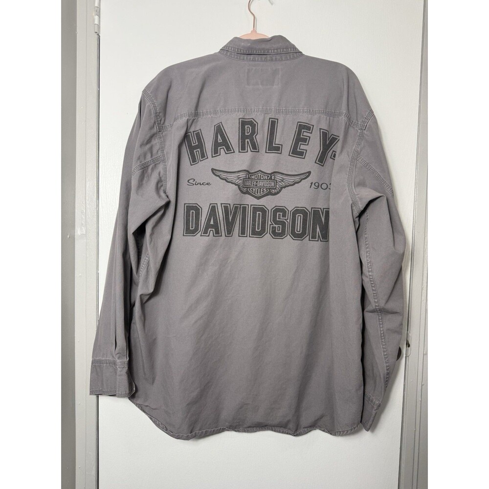 Harley Davidson Gray BIG LOGO BACK Button Up L/S Embroidered Shirt SZ XL